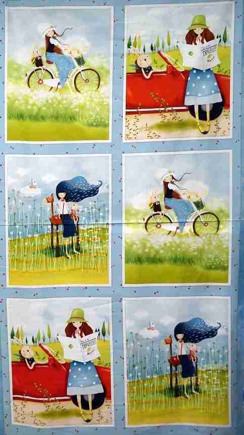 Panel de tela azul con 6 viñetas de la muñeca Kori Kumi de Santoro en bicicleta y leyendo de la colección The Traveller.