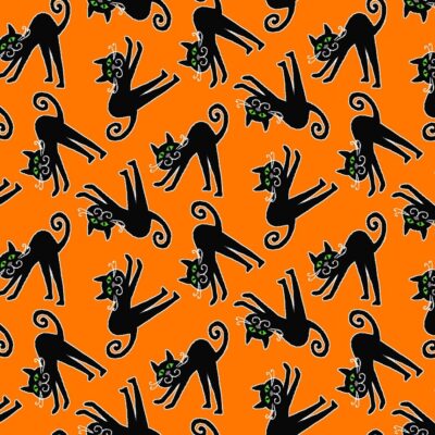 ela de algodón de Halloween color naranja con estampado continuo de gatos negros