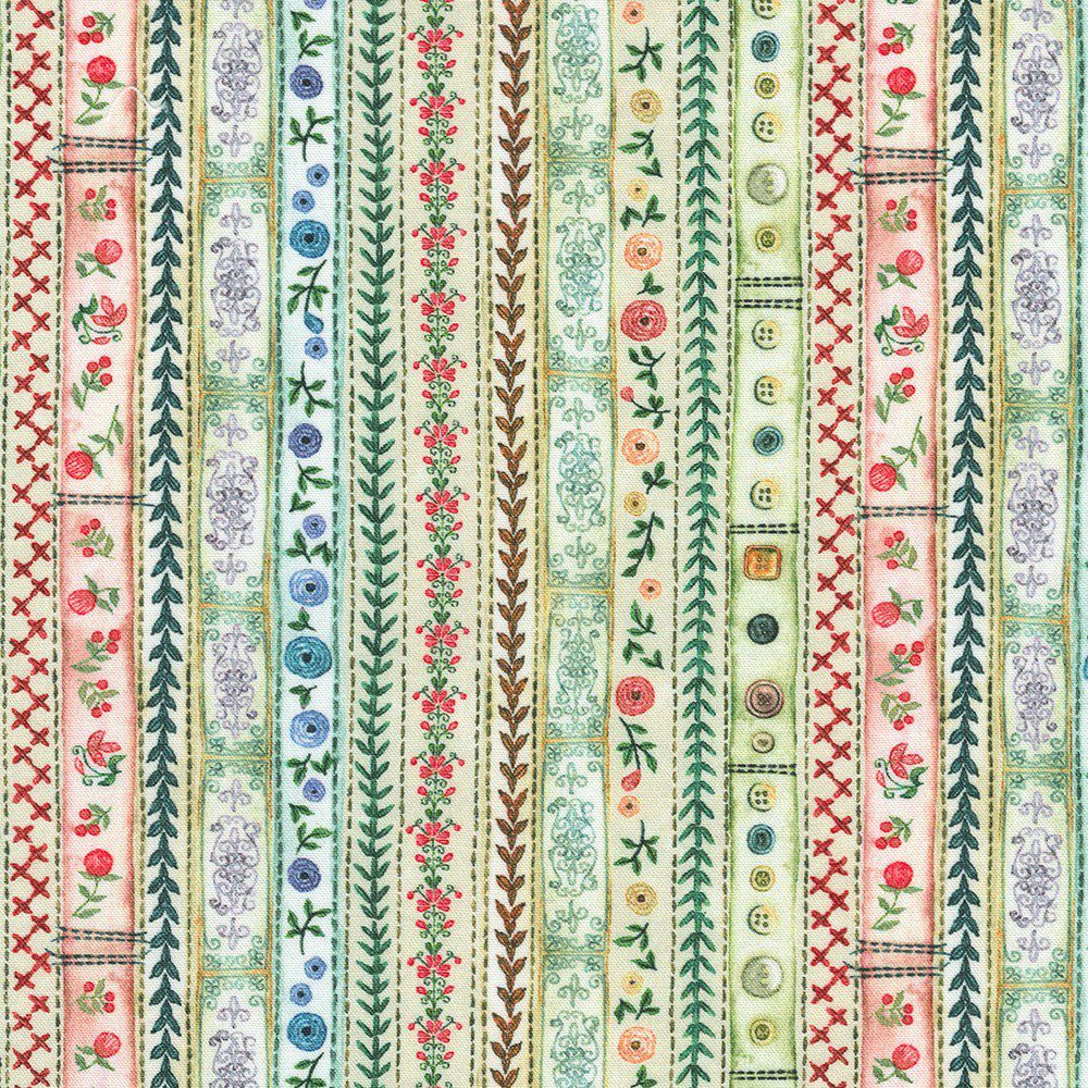 Tela de patchwork con cenefas verticales de botones, flores y puntadas vintage de la colección Make it Sew de Robert Kaufman.