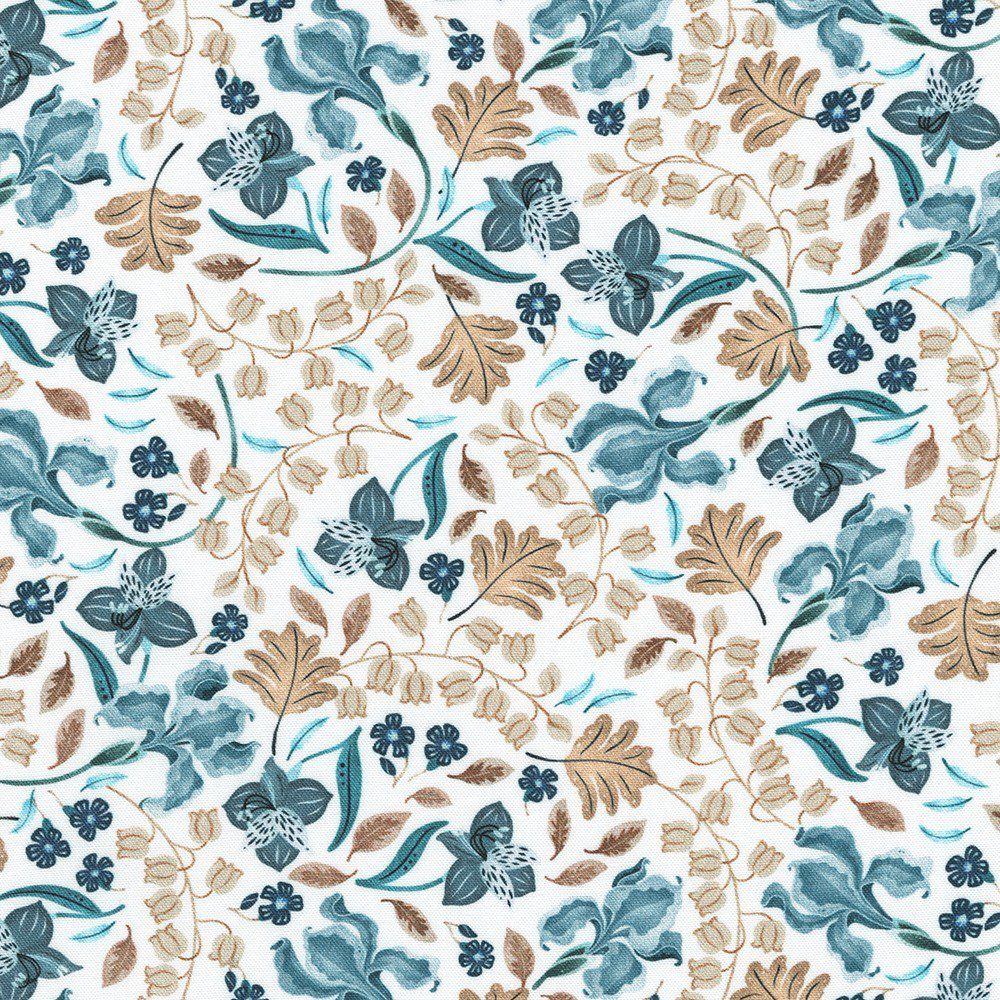 Tela de patchwork blanca con estampado de ramas y flores silvestres en azul y marrón de la colección Feathers and Flora de Robert Kaufman.🌿 ¡Este conjunto botánico está quedando espectacular! ¿Te queda algun
