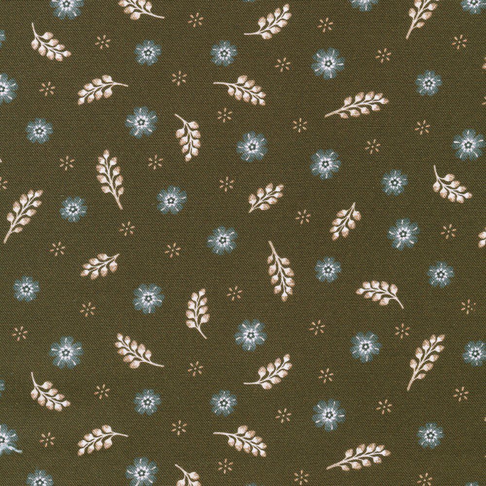 Tela de patchwork marrón con estampado de pequeñas flores azules y ramas beige de la colección Feathers and Flora de Robert Kaufman.