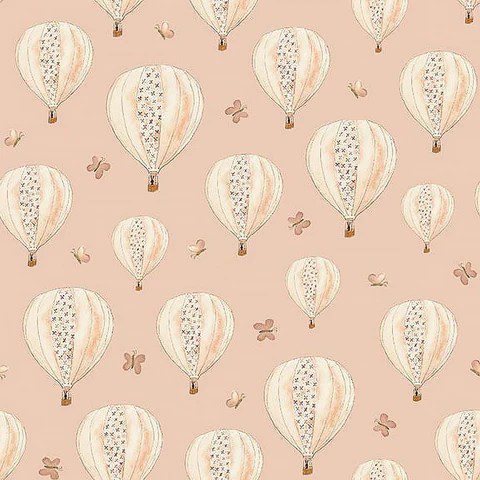 Tela infantil de algodón tipo patchwork, de fondo rosa claro con estampado de globos y mariposas