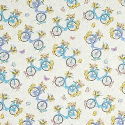 Tela de algodón tipo patchwork, estampada con bicicletas azules con flores