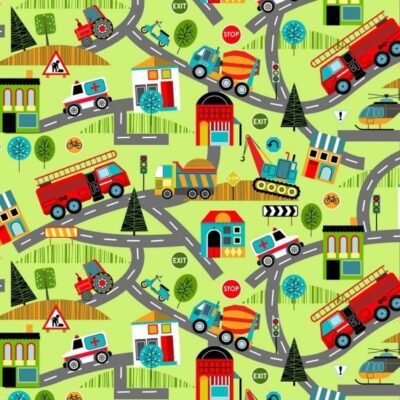 Tela infantil de algodón tipo patchwork, con fondo verde y estampado de coches y carreteras