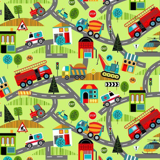 Tela infantil de algodón tipo patchwork, con fondo verde y estampado de coches y carreteras
