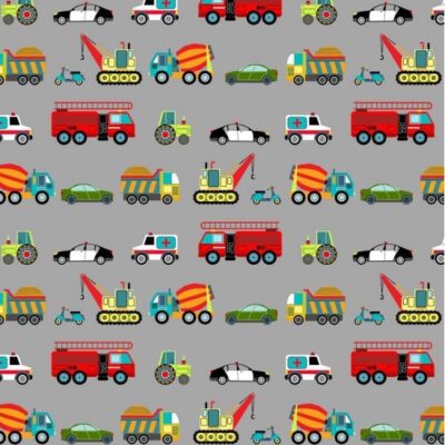 Tela infantil de algodón tipo patchwork con fondo gris y estampado de vehículos como bomberos, ambulancias o excavadoras