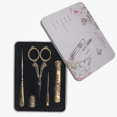 kit de tijeras de bordado vintage, con aguja, dedal, punzón y guarda agujas, en su cajita