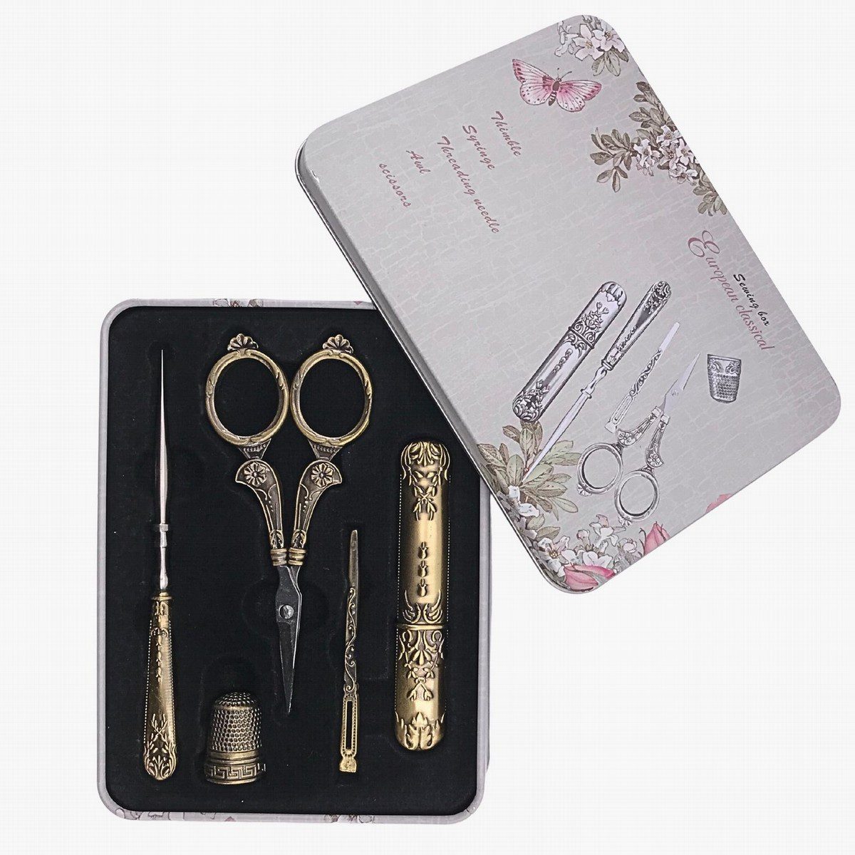kit de tijeras de bordado vintage, con aguja, dedal, punzón y guarda agujas, en su cajita