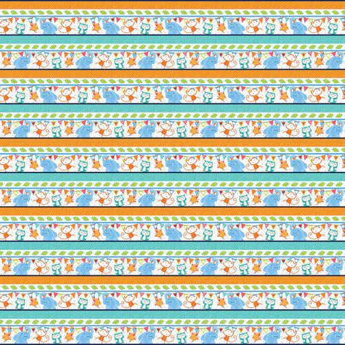 tela de algodón tipo patchwork, entonos azules y naranjas con animales
