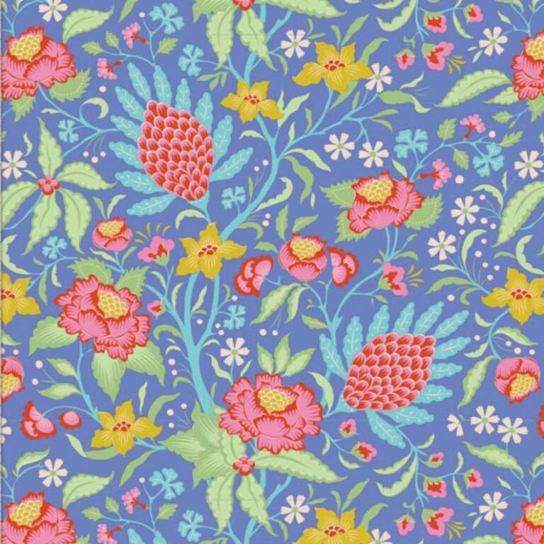 Tela de patchwork de algodón en fondo azul con estampado floral colorido en tonos rosa, rojo, amarillo, blanco y verde