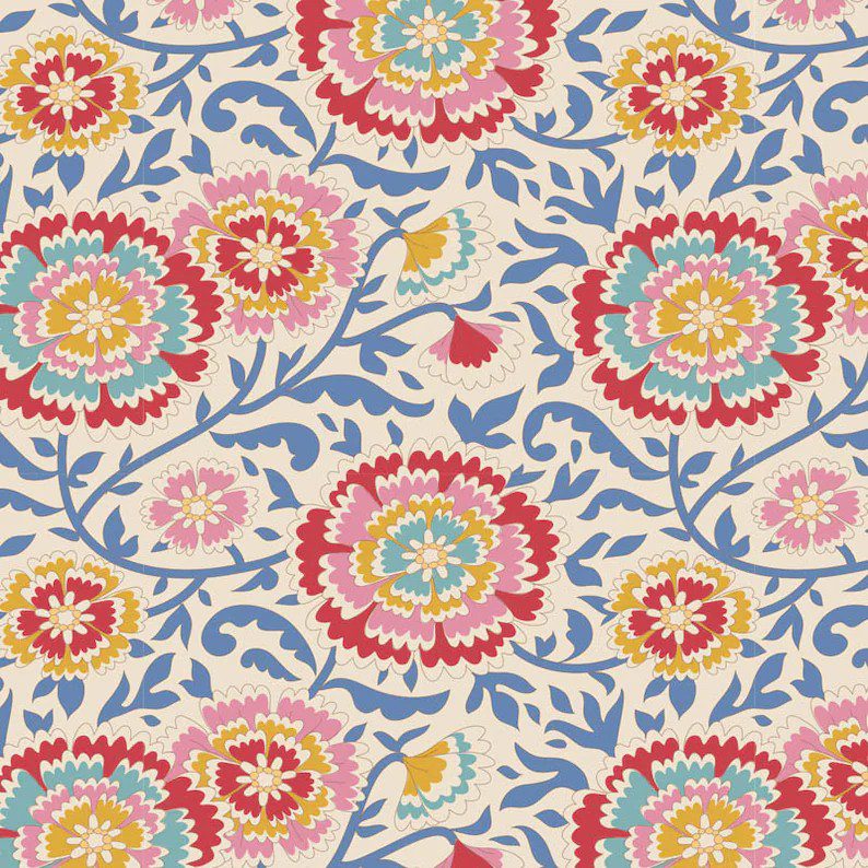Tela de patchwork de algodón en fondo beige con estampado floral colorido en tonos rojo, rosa, amarillo, azul y blanco