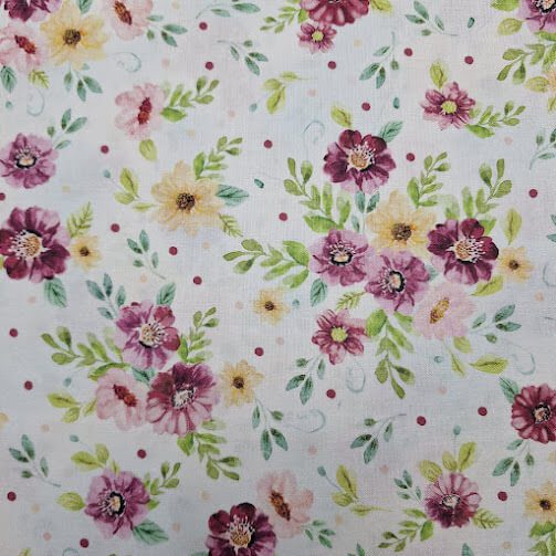 Tela de algodón con estampado de flores en acuarela de la colección Sew in Love de Benartex en colores fucsia y verde sobre fondo azul claro.