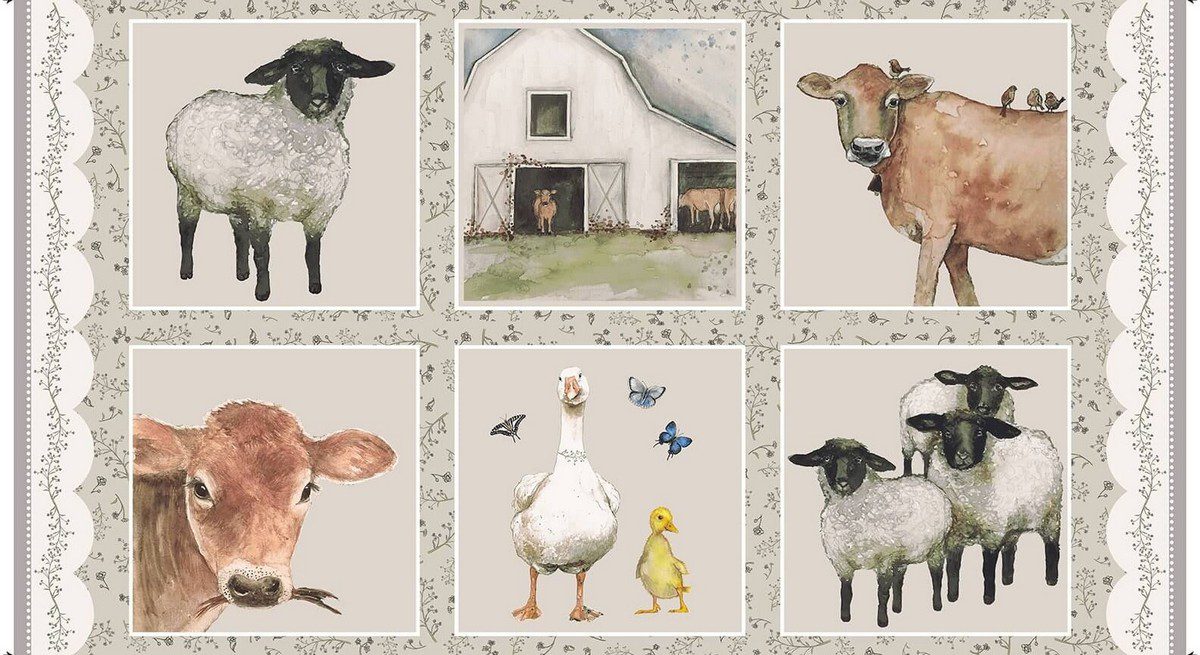 Panel de tela de algodón "A Beautiful Day" de Dawn Rosengren para Henry Glass. Incluye 6 cuadros con ilustraciones estilo acuarela de animales de granja: ovejas, vacas, gansos y un establo.