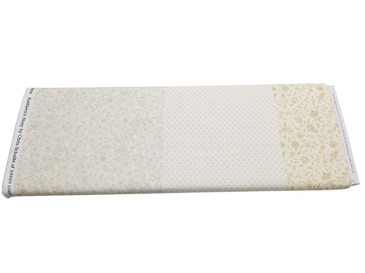 Tela de algodón en tonos beige con estampados combinados de flores, lunares, paisley y rayas en estilo patchwork