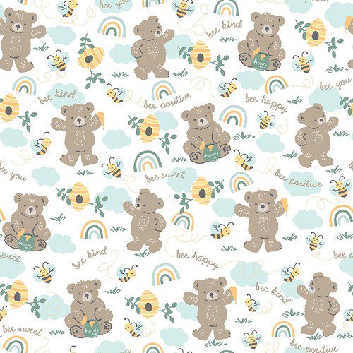 Tela de algodón blanco con estampado de osos de 6cm, colmenas, abejas y frases positivas - Colección Hello Honey.
