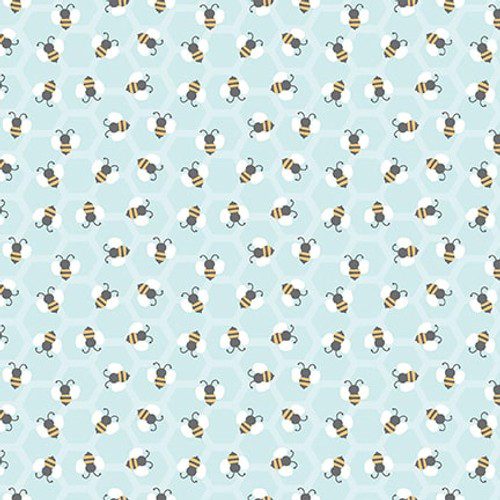 Tela de algodón azul aqua con estampado de pequeñas abejas de 1cm y fondo de panal - Colección Hello Honey de Studio E.