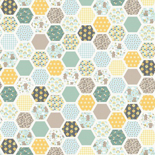 Tela de algodón con estampado de falsos hexágonos de 6cm estilo patchwork con motivos de ositos y abejas - Hello Honey.