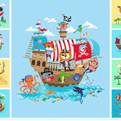 Panel de tela de algodón con escena central de barco pirata tripulado por animales y cuadros laterales de leones y tigres piratas.