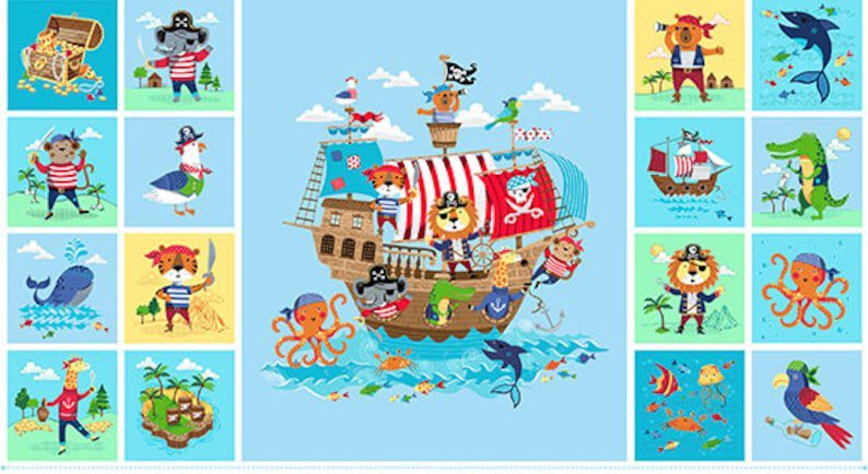 Panel de tela de algodón con escena central de barco pirata tripulado por animales y cuadros laterales de leones y tigres piratas.