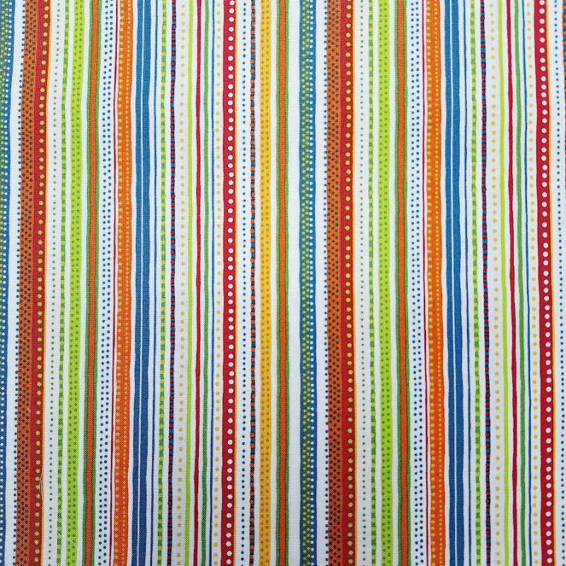 Tela de algodón con estampado de rayas verticales multicolor de puntos y líneas de la colección Dino Friends de Makower.