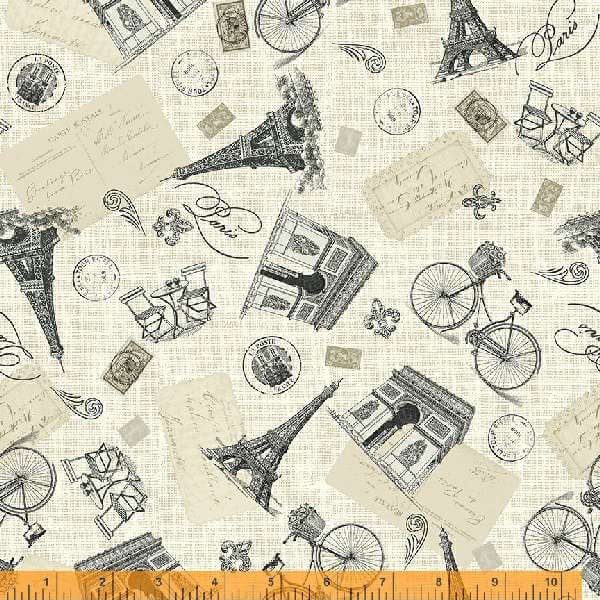 Tela de algodón beige con estampado collage de monumentos de París, bicicletas y sellos postales en color negro.