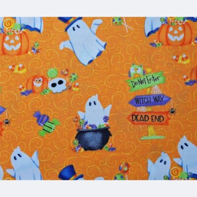Tela de algodón naranja de Halloween con fantasmas fosforescentes y calabazas