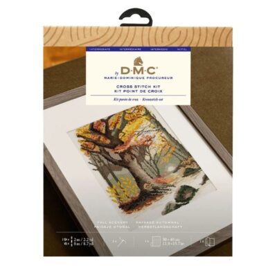 Kit de punto de cruz DMC Paisaje Otoñal con hilos Mouliné y tela Aida