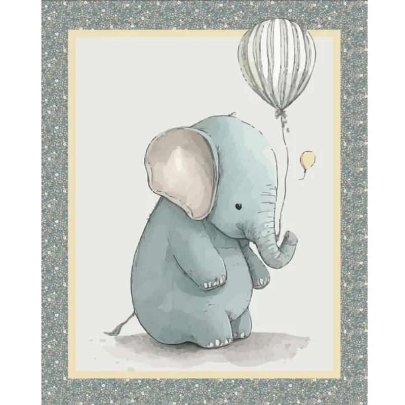 Panel de patchwork con ilustración infantil de bebe elefante con globo, en tonos grises