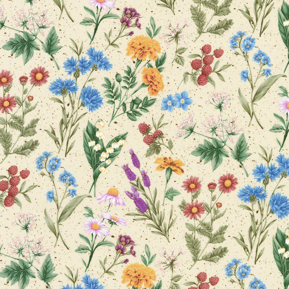 Tela de patchwork crema de la colección Botanical Garden Flowerhouse de Debbie Beaves con flores