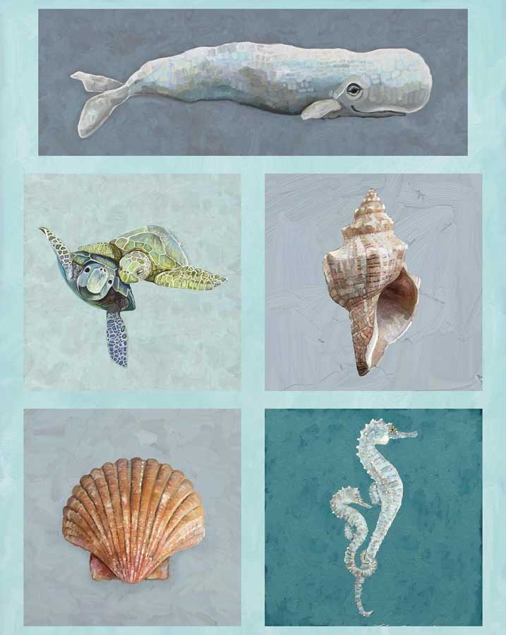 Panel de tela de algodón 100% con cinco bloques de ilustraciones de cachalote, tortugas y caballitos de mar de la colección A Drop in the Ocean de Studio E Fabrics