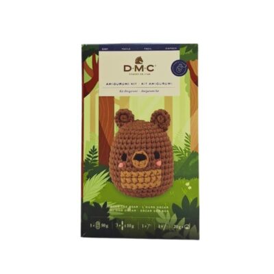 Caja del kit de amigurumi Oso Óscar de DMC que incluye patrón e hilos de algodón para tejer un osito marrón.