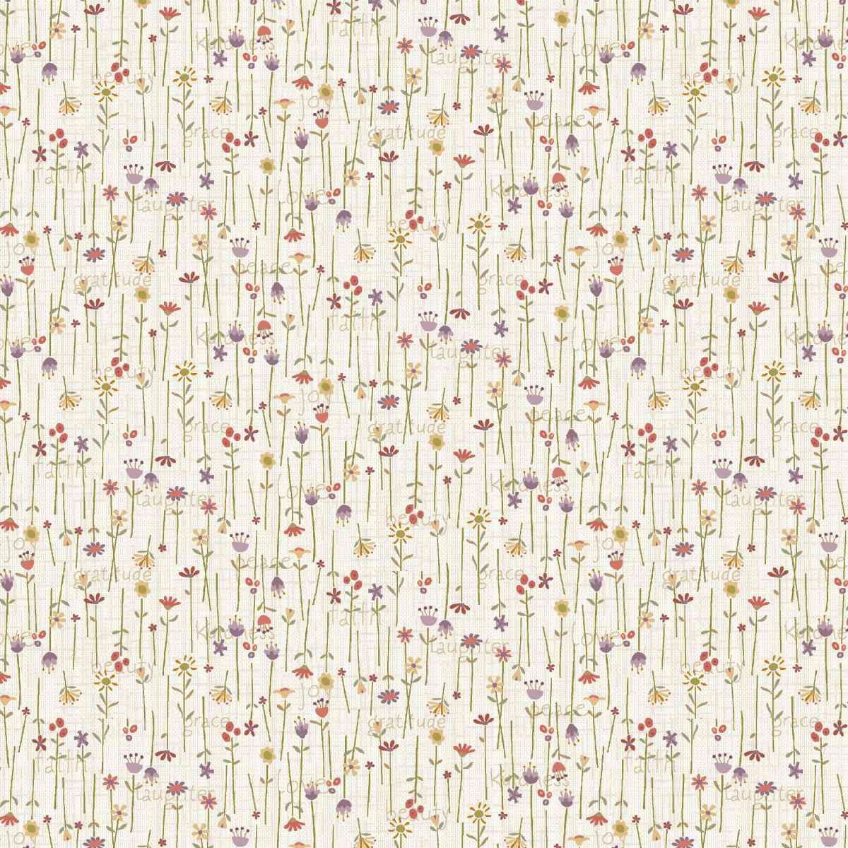 Tela de algodón rústica Bountiful Blessings de Henry Glass con estampado vertical de flores de tallo largo y pequeñas palabras inspiracionales sobre fondo crema.