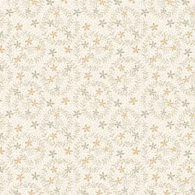 Tela de algodón rústica Bountiful Blessings de Henry Glass con estampado continuo de ramilletes y pequeñas flores silvestres en tonos ocre y mostaza sobre fondo crema.