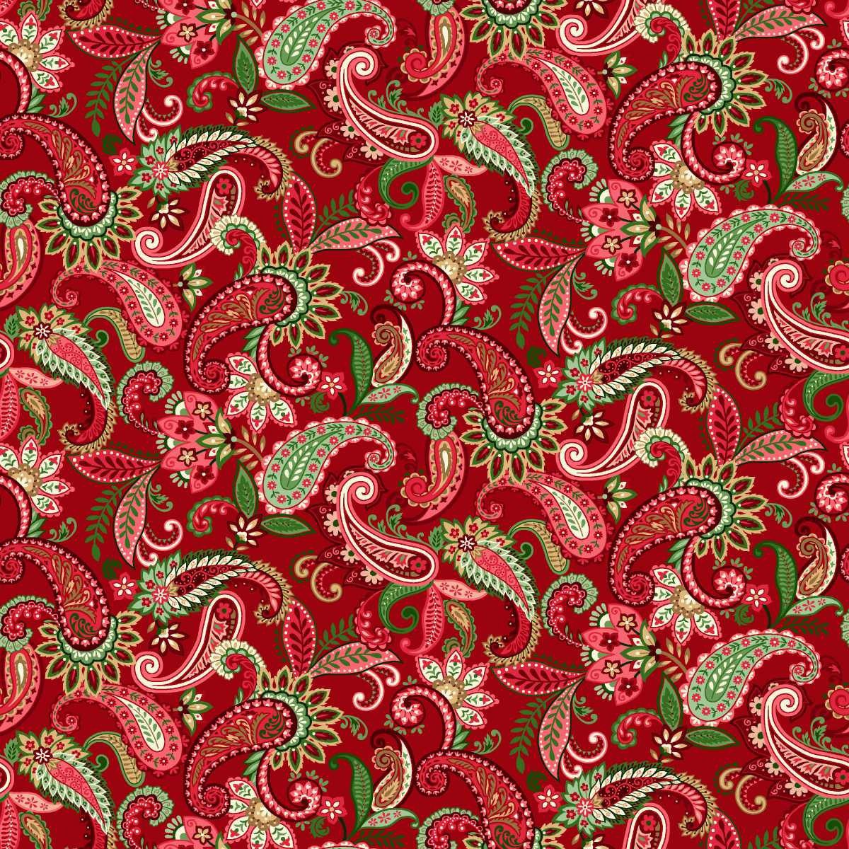 Tela de algodón 100% con estampado navideño de motivos de cachemir y detalles ornamentales en tonos verdes, rosas y cremas sobre un fondo rojo intenso de Studio E.