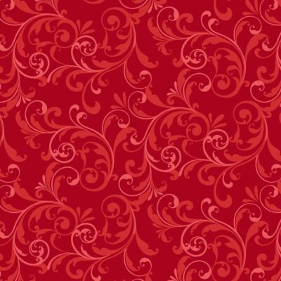 Tela de patchwork de algodón rojo con estampado continuo de filigranas, volutas y arabescos barrocos en un tono sobre tono rojo claro de la colección Holiday Feather & Flourish.
