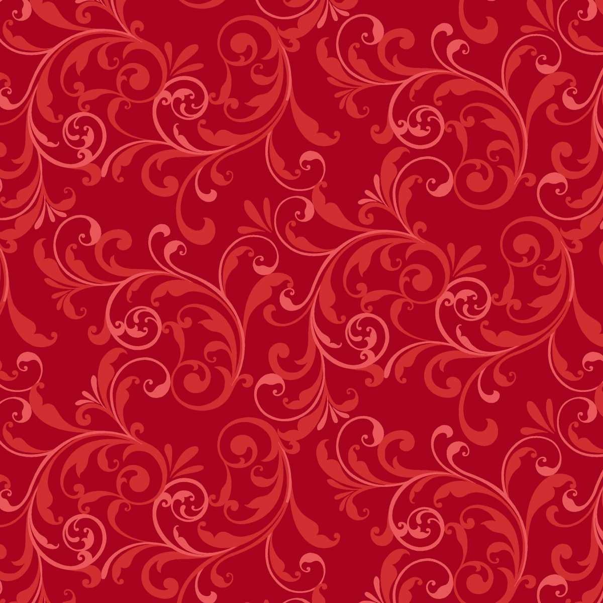 Tela de patchwork de algodón rojo con estampado continuo de filigranas, volutas y arabescos barrocos en un tono sobre tono rojo claro de la colección Holiday Feather & Flourish.