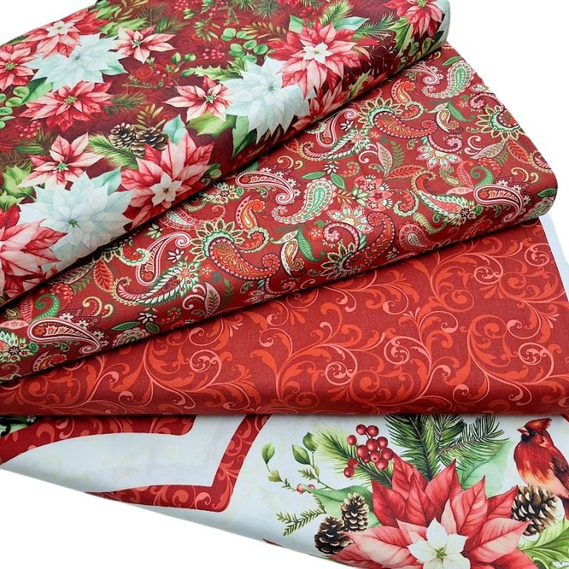 Telas de patchwork de Navidad con diseño de flores de Pascua, guirnaldas botánicas, cachermir y pájaros de la colección Holiday Feather & Flourish de Studio E.