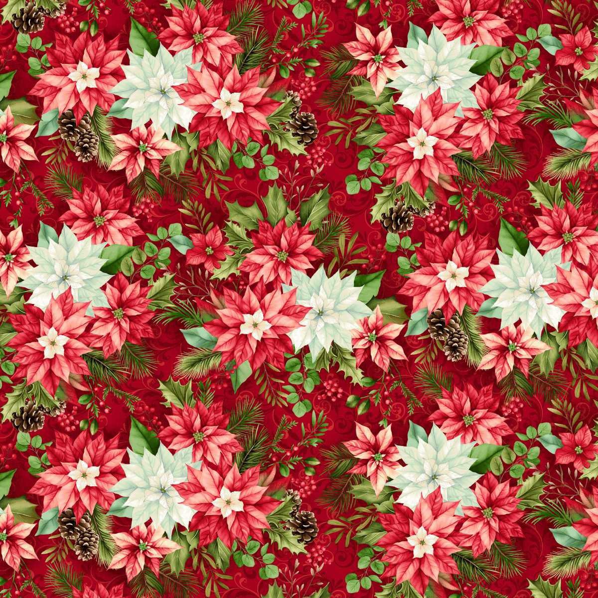 Tela de algodón 100% con estampado navideño de flores de Pascua rojas y blancas, piñas de pino y hojas verdes sobre un fondo rojo vivo.