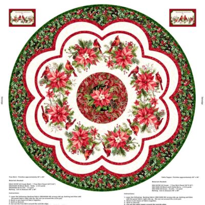 Panel de tela de algodón para coser un pié de árbol de Navidad circular con diseño de flores de Pascua, guirnaldas botánicas y pájaros cardenales de Studio E.