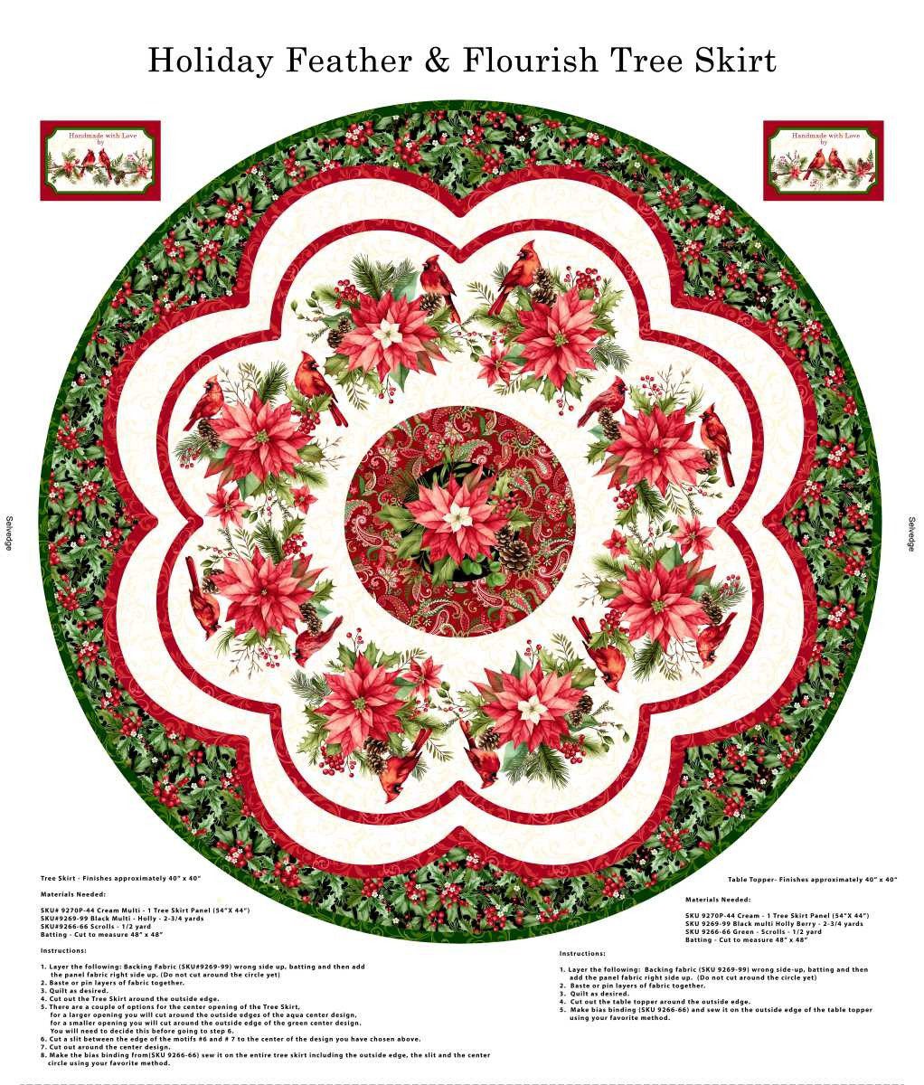 Panel de tela de algodón para coser un pié de árbol de Navidad circular con diseño de flores de Pascua, guirnaldas botánicas y pájaros cardenales de Studio E.