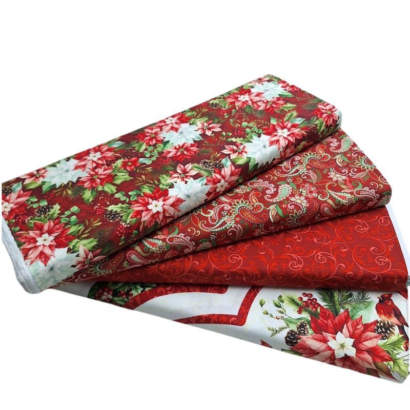 Telas de algodón de Navidad con diseño de flores de Pascua, guirnaldas botánicas, cachermir y pájaros de la colección Holiday Feather & Flourish de Studio E.