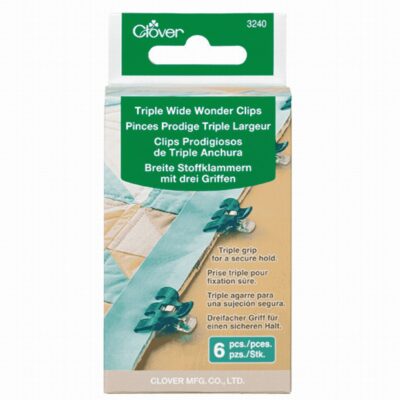 Blíster de 6 pinzas prodigiosas de triple anchura Clover referencia 3240 de base plana con marcas de medición para sujetar telas gruesas de costura
