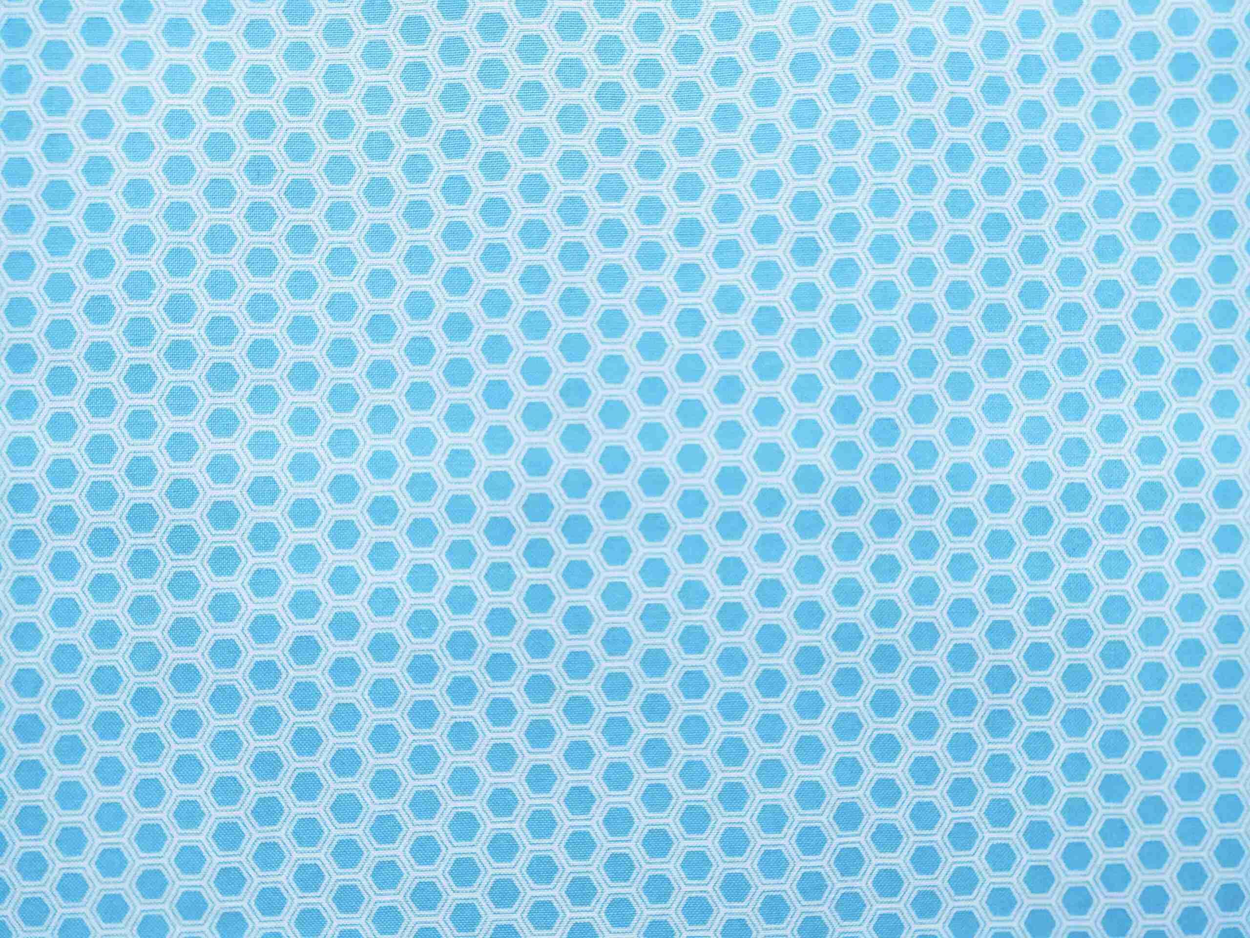 Tela de patchwork azul y blanca con estampado geométrico de hexágonos estilo panal de la colección Bees Knees de Robert Kaufman.
